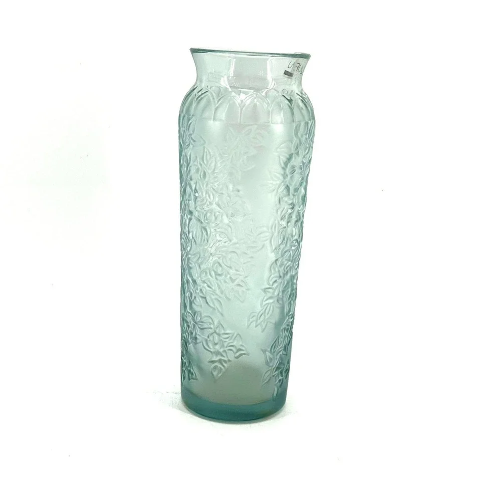 Lalique France Bougainvillier Frosted Glass Floral Vase Blue W/Original BoxPaper